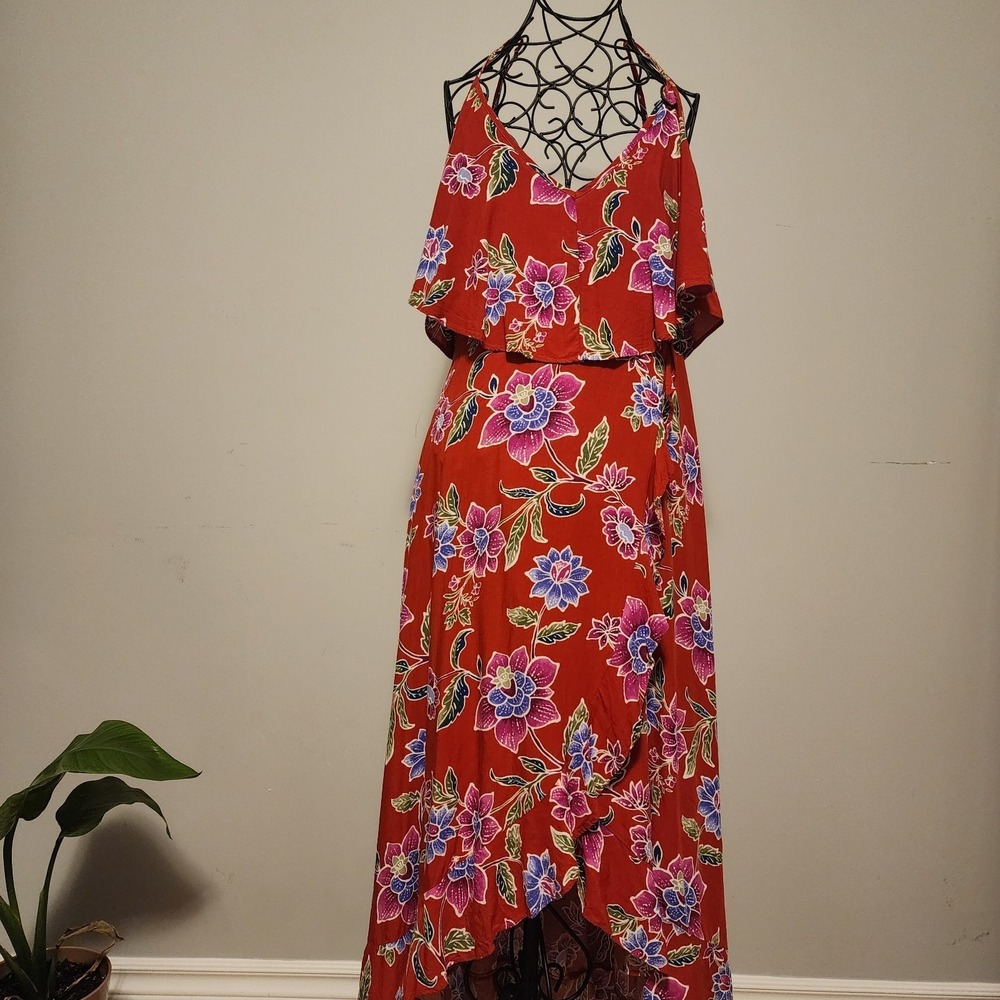Forever 21 Tropical Floral Ruffle High Low Maxi Dress Red Medium